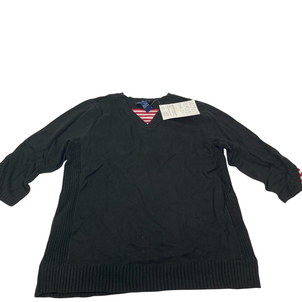 DENIM &‎ CO Black V Neck Sweater Striped Trim 100% Cotton Women's Size M